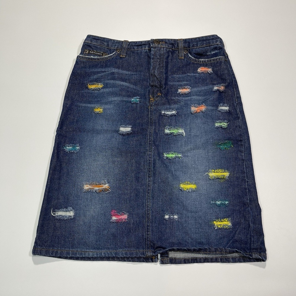 Vintage Y2K Dolce And Gabbana Denim Midi Skirt Size 30 Rainbow Rips 28in‎ Waist